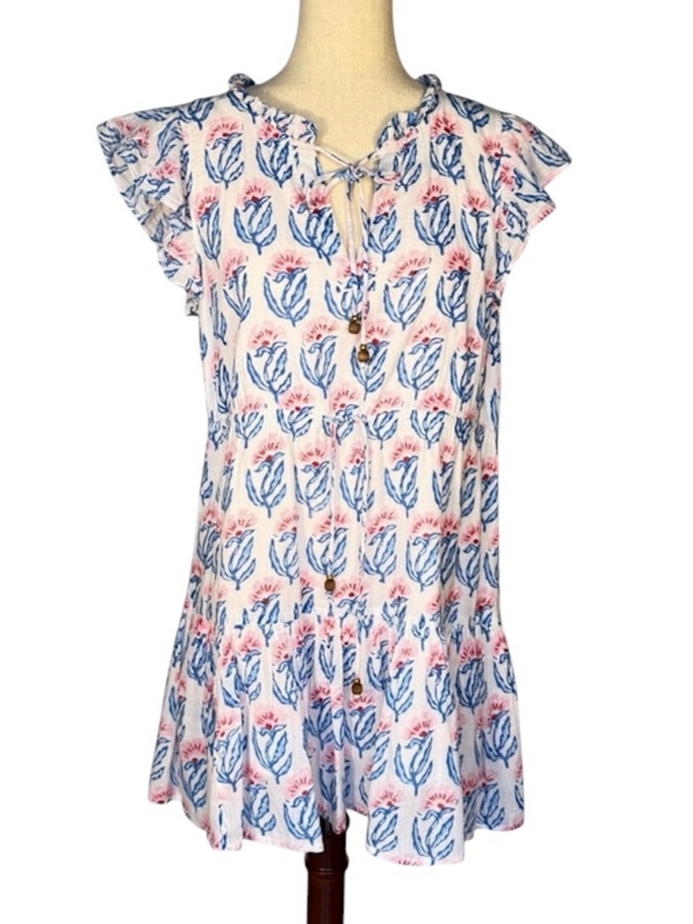 Oliphant Mini Soft Gauzy 100% Cotton Front Tie Neck Dress - Blue & Pink floral